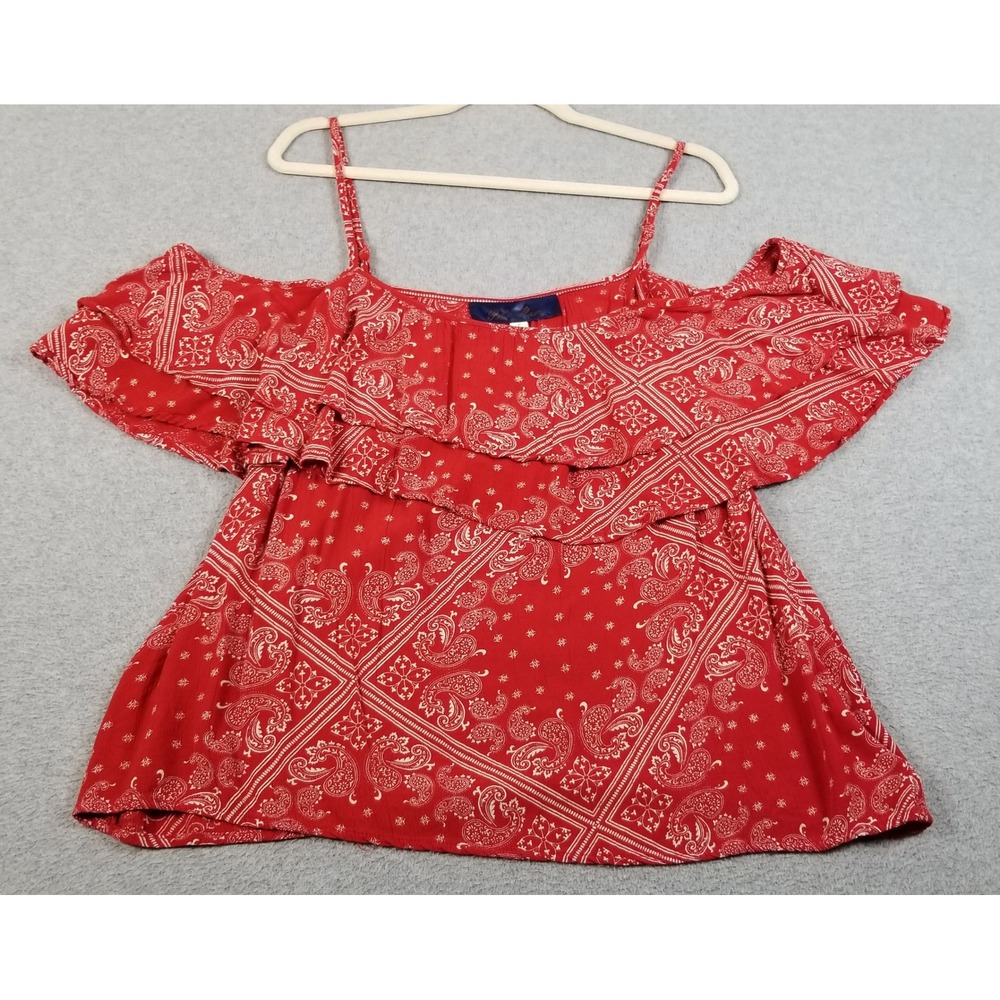 Blue Rain Cold Shoulder Top Womens Large L Red White Paisley Boho Short Sleeve